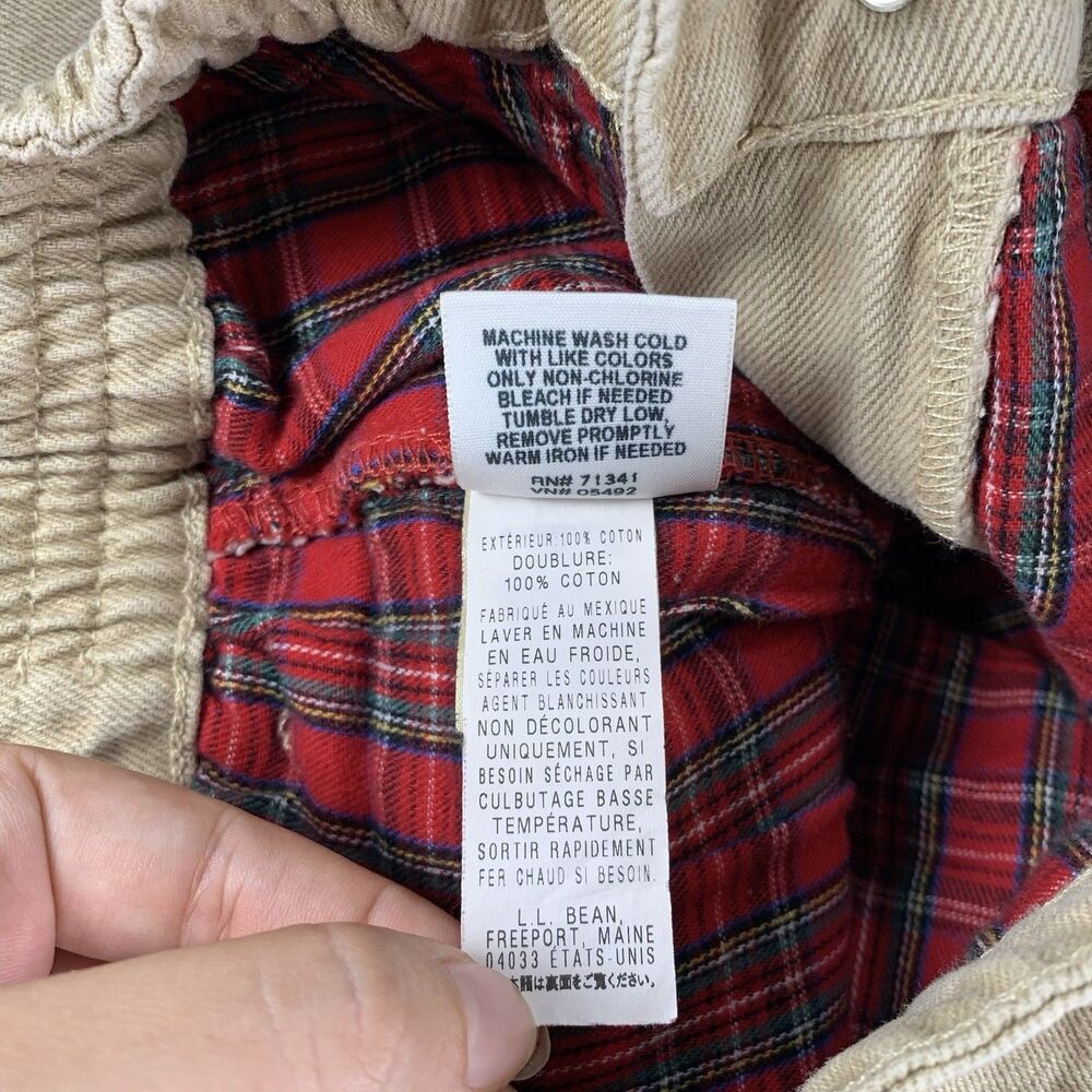 LL Bean Original Fit Relaxed Tan Jeans Red Plaid Lining Elastic Waist Size 8 Pet - Picture 6 of 6